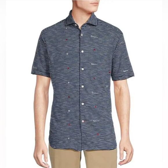 CREMIEUX Men’s Embroidered Stripe Short Sleeve Button Down Medium Jersey Top - Picture 1 of 8